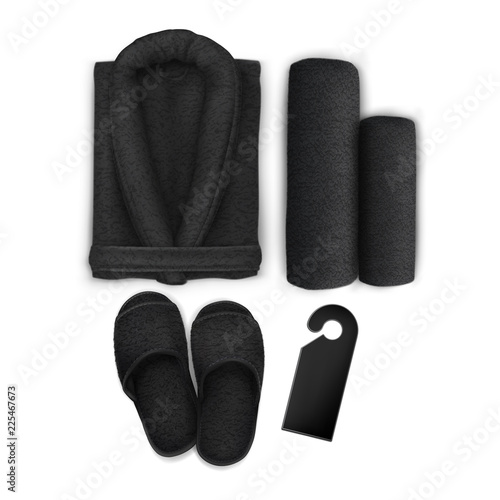 Vector. Mock Up. Black Set Spa Towel, Slippers, Bathrobe, Door hanger