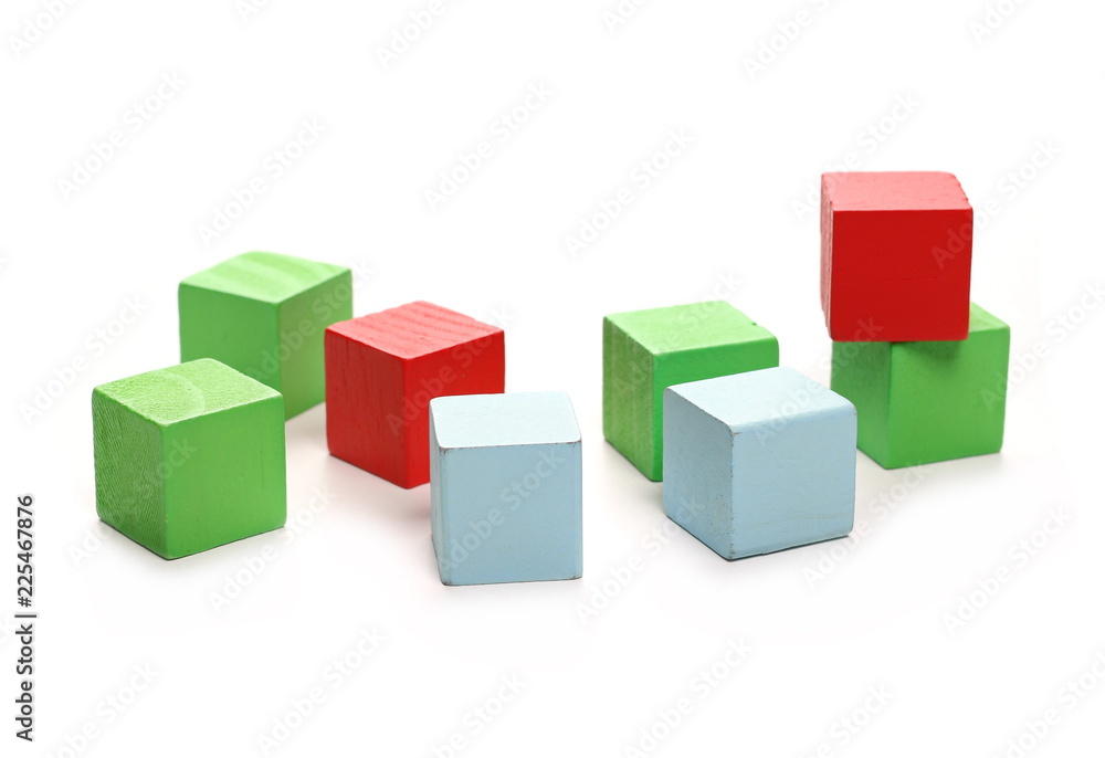 Wooden building blocks for children, isolated on white background 