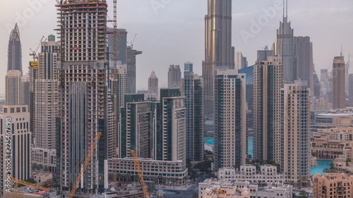 Downtown Dubai skyline with recidential towers timelapse, view from rooftop.