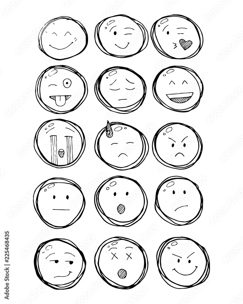 Set of outline hand drawn emoticons, emoji isolated on white background, vector illustration. Set of outline hand drawn emoticons, emoji isolated on white background, vector illustration.