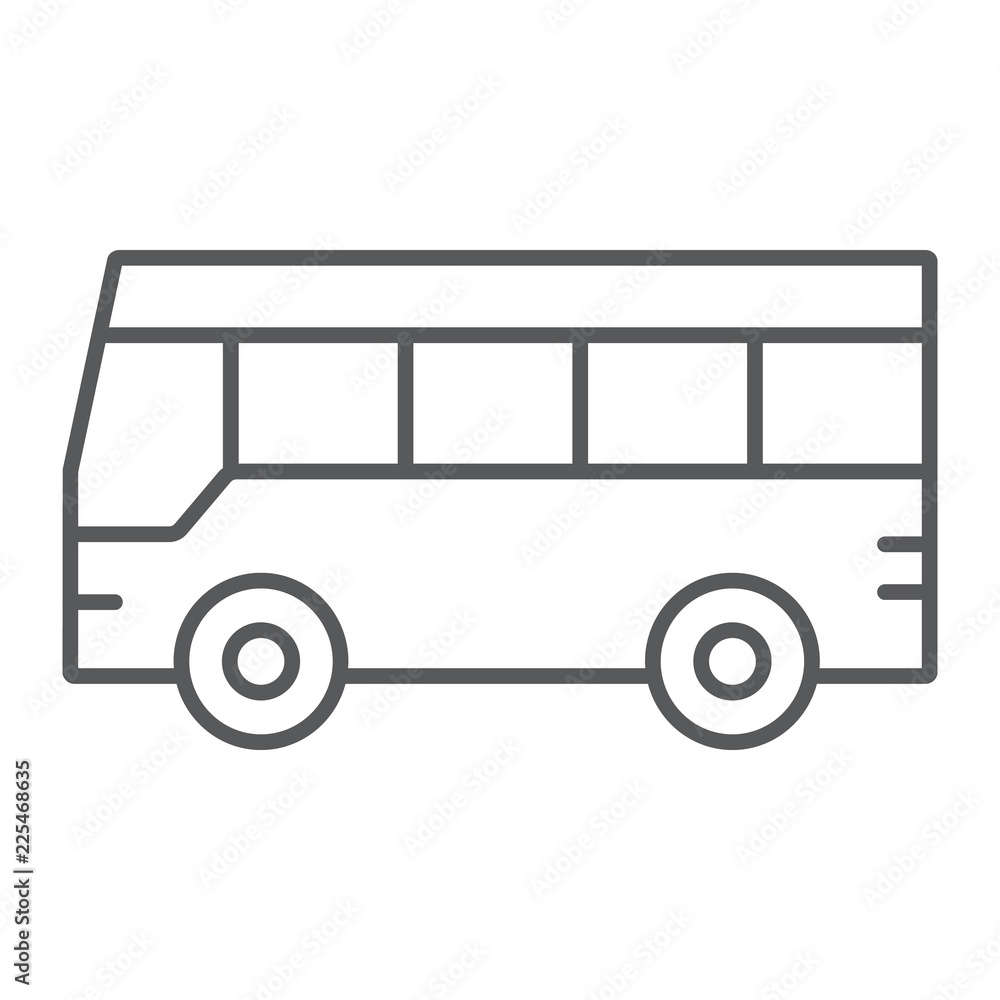 Bus thin line icon, traffic and public, vehicle sign, vector graphics, a linear pattern on a white background.