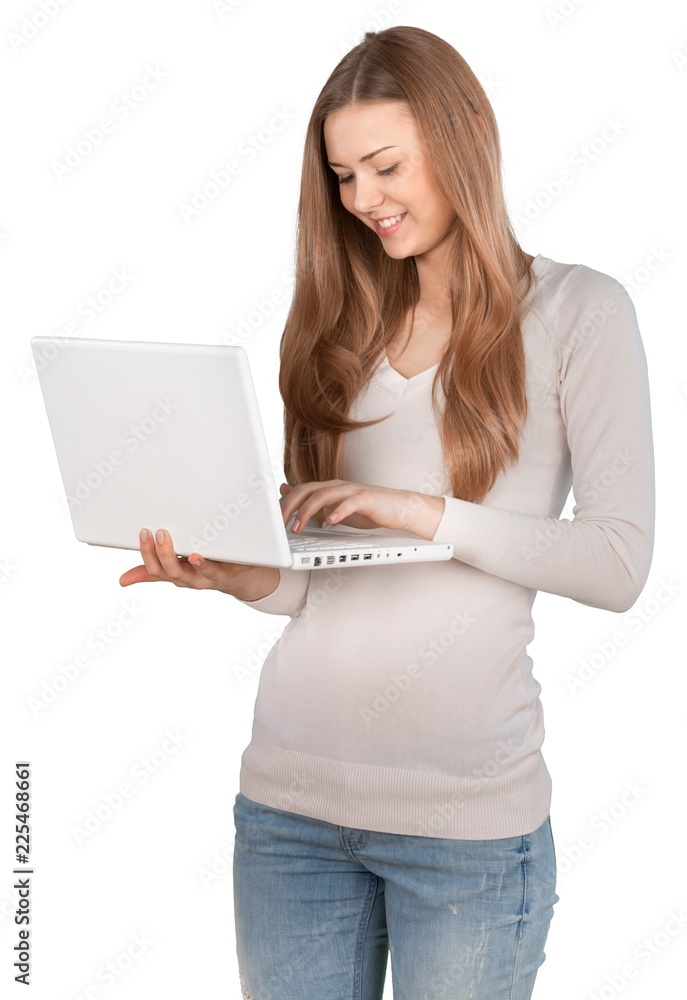Young cute woman with laptop isolated on white background Young cute woman with laptop isolated on white background