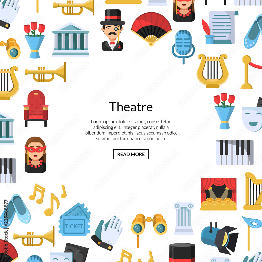 Fototapeta premium Vector flat theatre icons background with place for text illustration. Art banner and poster