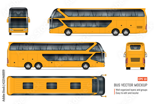 Tourist bus vector mockup on white background for vehicle branding, corporate identity. View from side, front, back, and top. All elements in the groups on separate layers for easy editing and recolor
