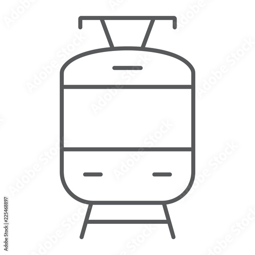 Tram thin line icon, railway and travel, city train sign, vector graphics, a linear pattern on a white background.