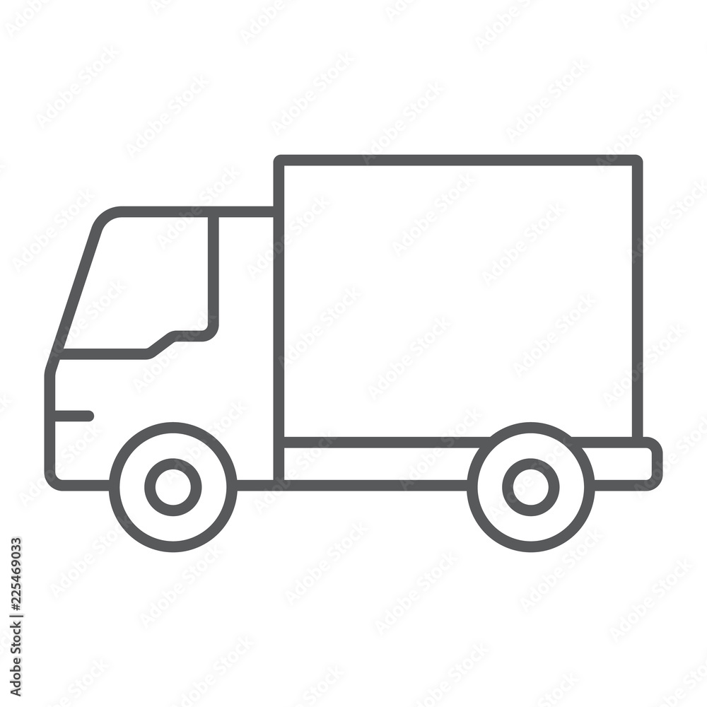 Delivery truck thin line icon, traffic and vehicle, van sign, vector graphics, a linear pattern on a white background.