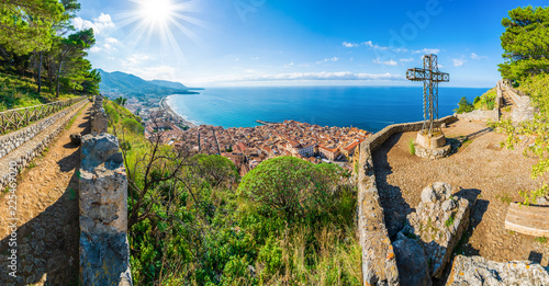 Aerial view of Cefalu and Mediterranean sea, seen from La Rocca park, Sicily island, Italy