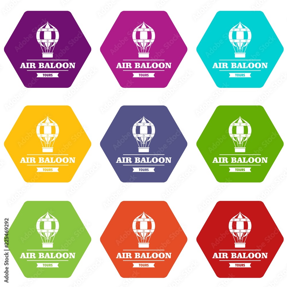 Fly air balloon icons 9 set coloful isolated on white for web