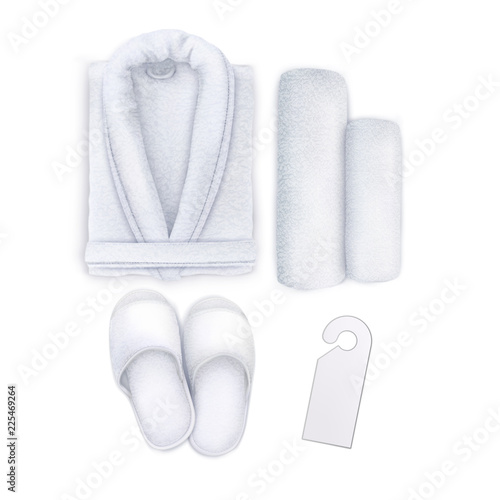 Vector. Mock Up. White Set Spa Towel, Slippers, Bathrobe, Door hanger
