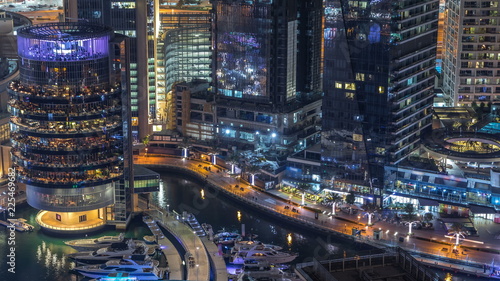 Night illumination of Dubai Marina aerial timelapse, UAE. © neiezhmakov