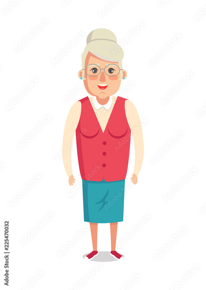 Grandmother in Red Jacket and Blue Skirt Vector
