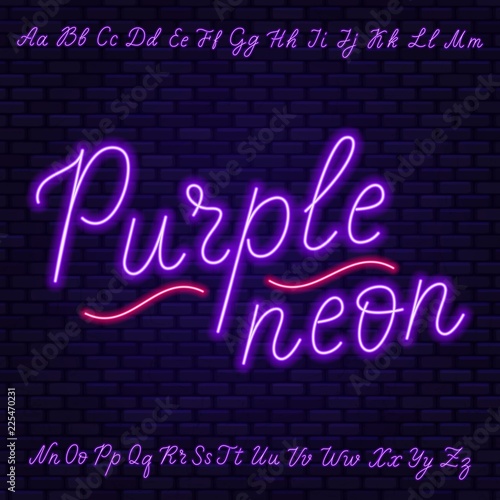 Purple neon script. Uppercase and lowercase letters.