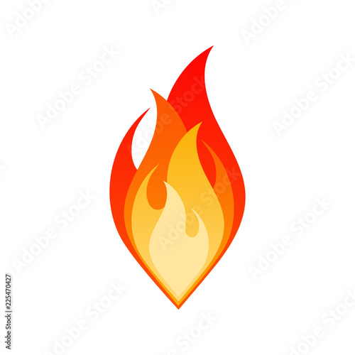 Flat fire flame isolated vector illustration. Dangerous bonfire with burning flames in yellow, red and orange colors isolated on white background for flammable emblem or gas explosion safety sign
