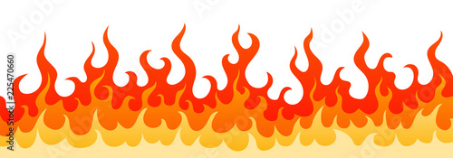 Stylish vector illustration with blazing wall of wildfire. Decoration frame with hot burning fire flame in red, orange and yellow colors isolated on white background for flammable web design