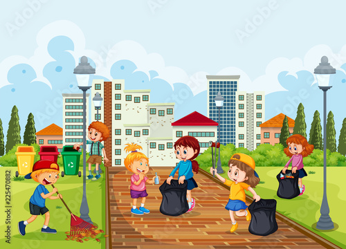 Volunteer children cleaning park