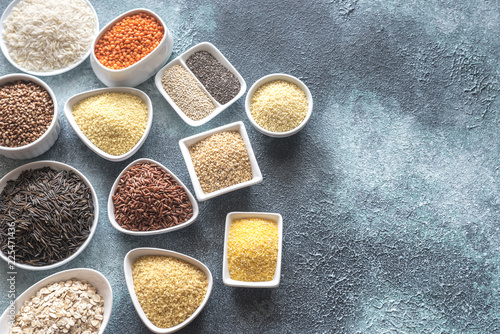 Assortment of grains on the gray background