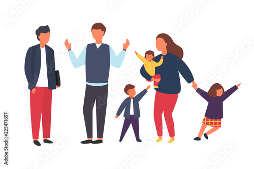 Family with kids. Busy and tired parents with naughty children. Vector illustration