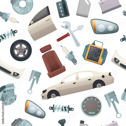 Car tools pattern. Mechanic details of automobile isolated parts engine wheel transmission door body vector cartoon seamless pictures. Car repair pattern with tools and gear auto illustration