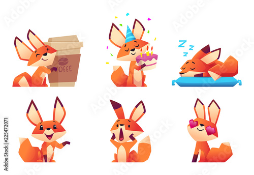 Cute fox character collection. Wild orange animal at forest in various funny pose and emotions vector mascot design. Illustration of fox character wildlife, mascot friendly