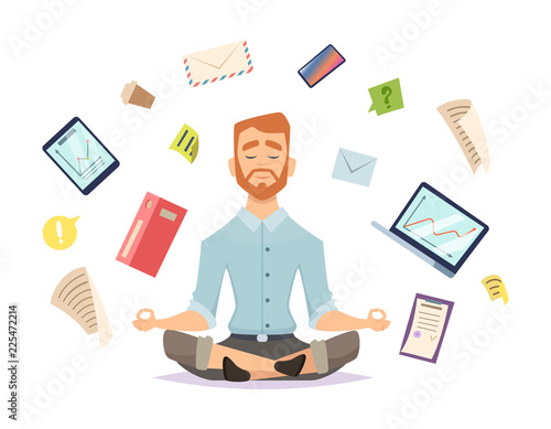 Business yoga concept. Office zen relax concentration at workspace table yoga practice vector illustration. Business concentration yoga, meditation zen pose photo
