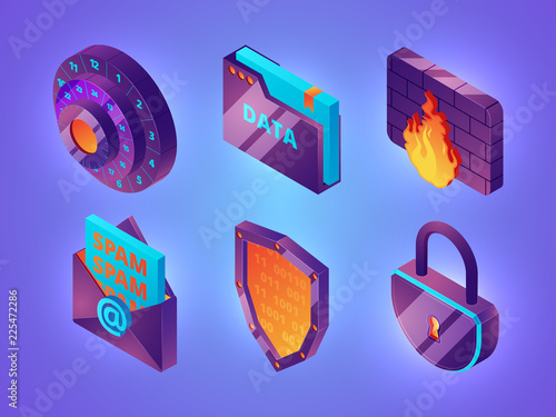 Internet online security 3D. Personal data web protection safety computer internet services firewall vector isometric pictures. Illustration of security and protection internet, online safety password