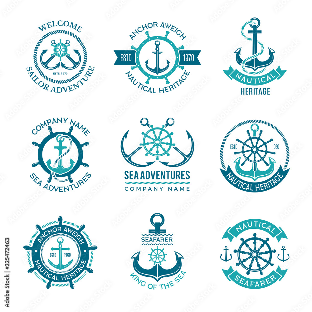 Marine logo. Nautical vector emblem with ship anchors and steering wheels.  Cruise boat sailor monochrome symbols for badges. Illustration of nautical ship  emblem, anchor marine logo Stock Vector