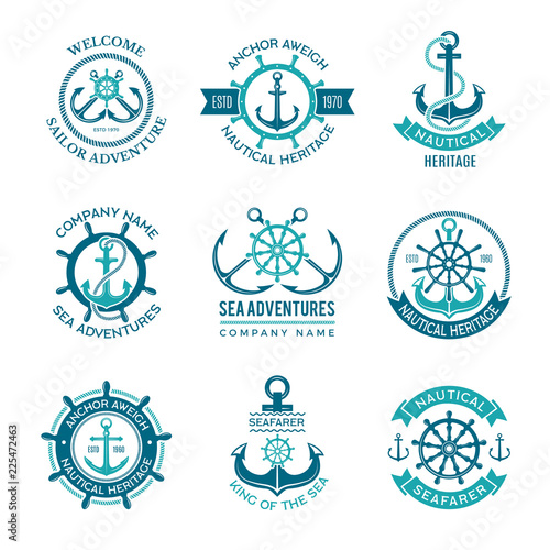 Marine logo. Nautical vector emblem with ship anchors and steering wheels. Cruise boat sailor monochrome symbols for badges. Illustration of nautical ship emblem, anchor marine logo