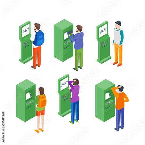 Payment Terminal and People Concept Set 3d Isometric View. Vector