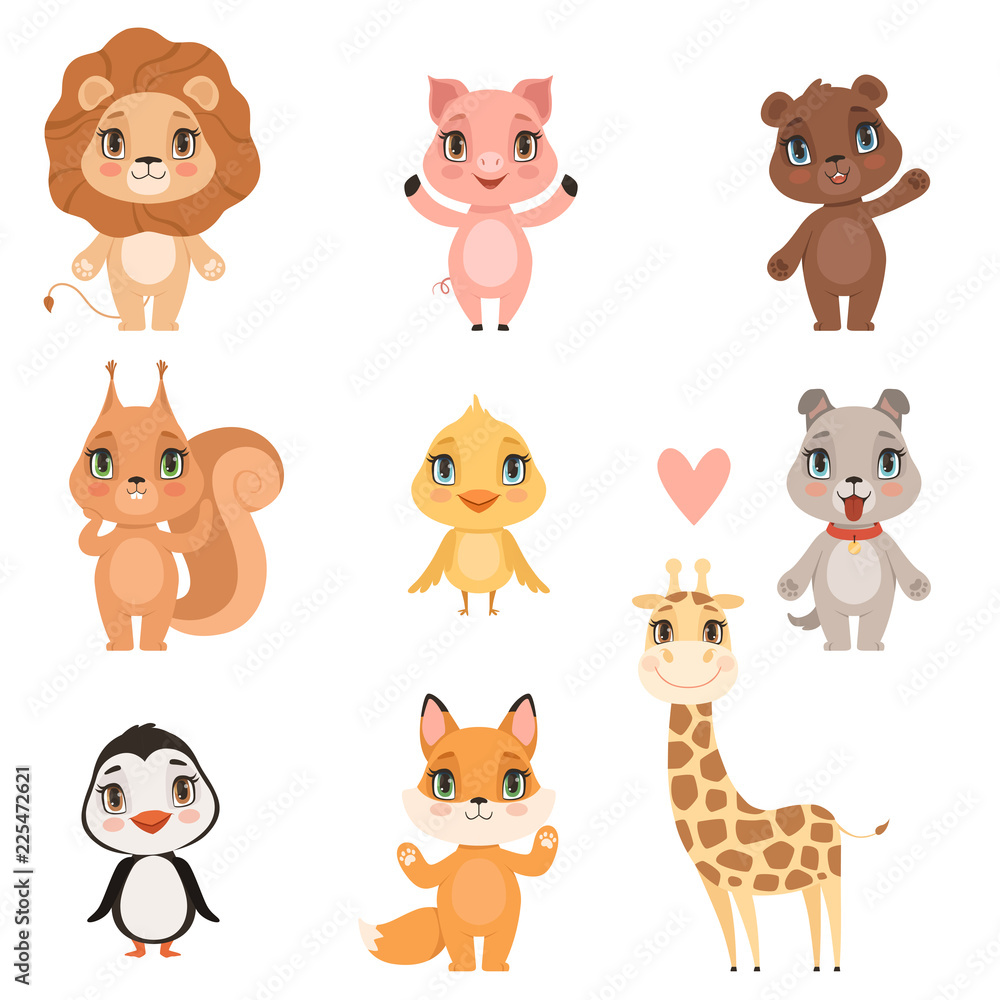 Animal baby cartoon. Domestic pig dog and wild lion bear squirrel and  giraffe funny cute animals kids vector pictures. Illustration of giraffe  and lion, squirrel and dog Stock Vector | Adobe Stock