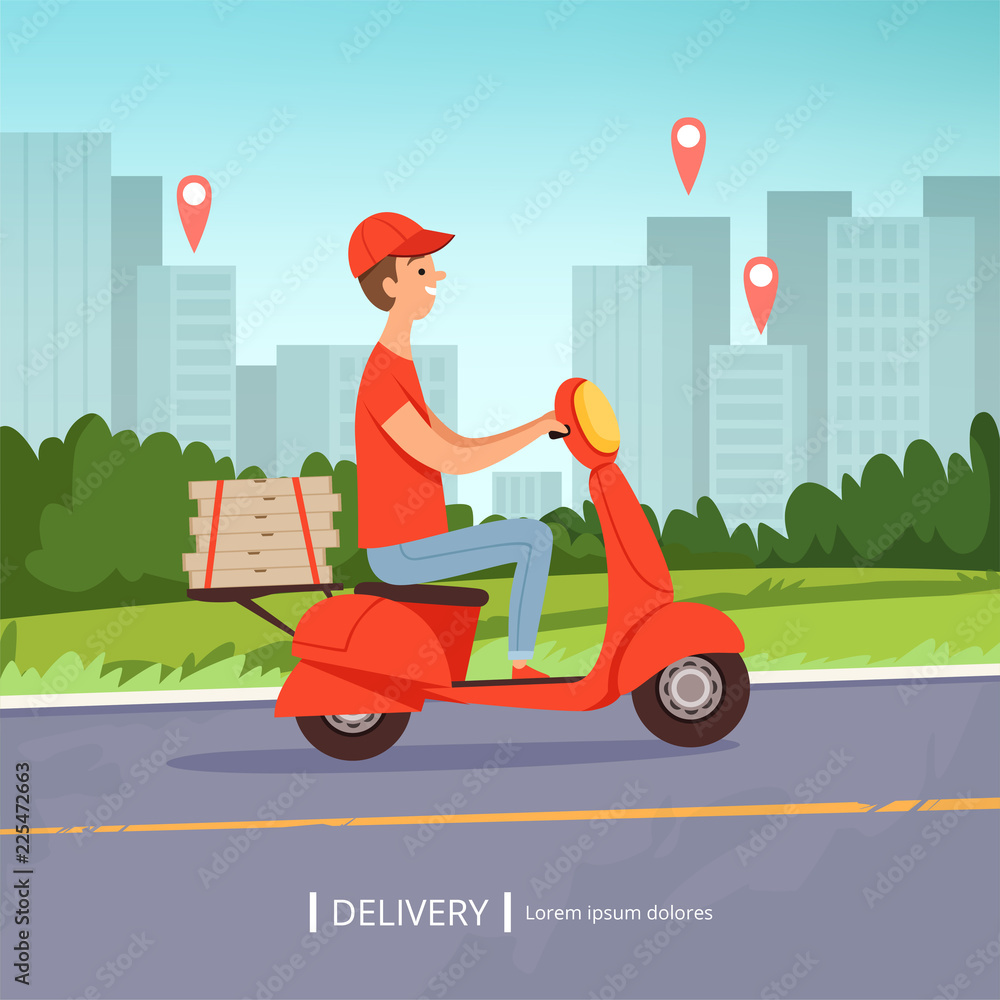 Delivery pizza background. Fresh food fast delivery man red motorcycle perfect business service urban landscape. Vector picture. Illustration of delivery service motorbike, courier food