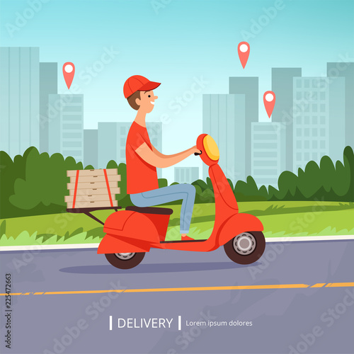 Delivery pizza background. Fresh food fast delivery man red motorcycle perfect business service urban landscape. Vector picture. Illustration of delivery service motorbike, courier food