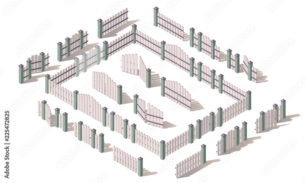 Isometric wood light fence with shadows isolated. Iron gate open and close from middle. Fence with columns. Gates and fences for yard. Flat style. Vector illustration