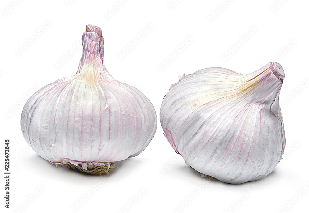 Fototapeta premium Beautiful fresh garlic. Group of objects or cooking ingredients, isolated on white background. Closeup shot, top view.