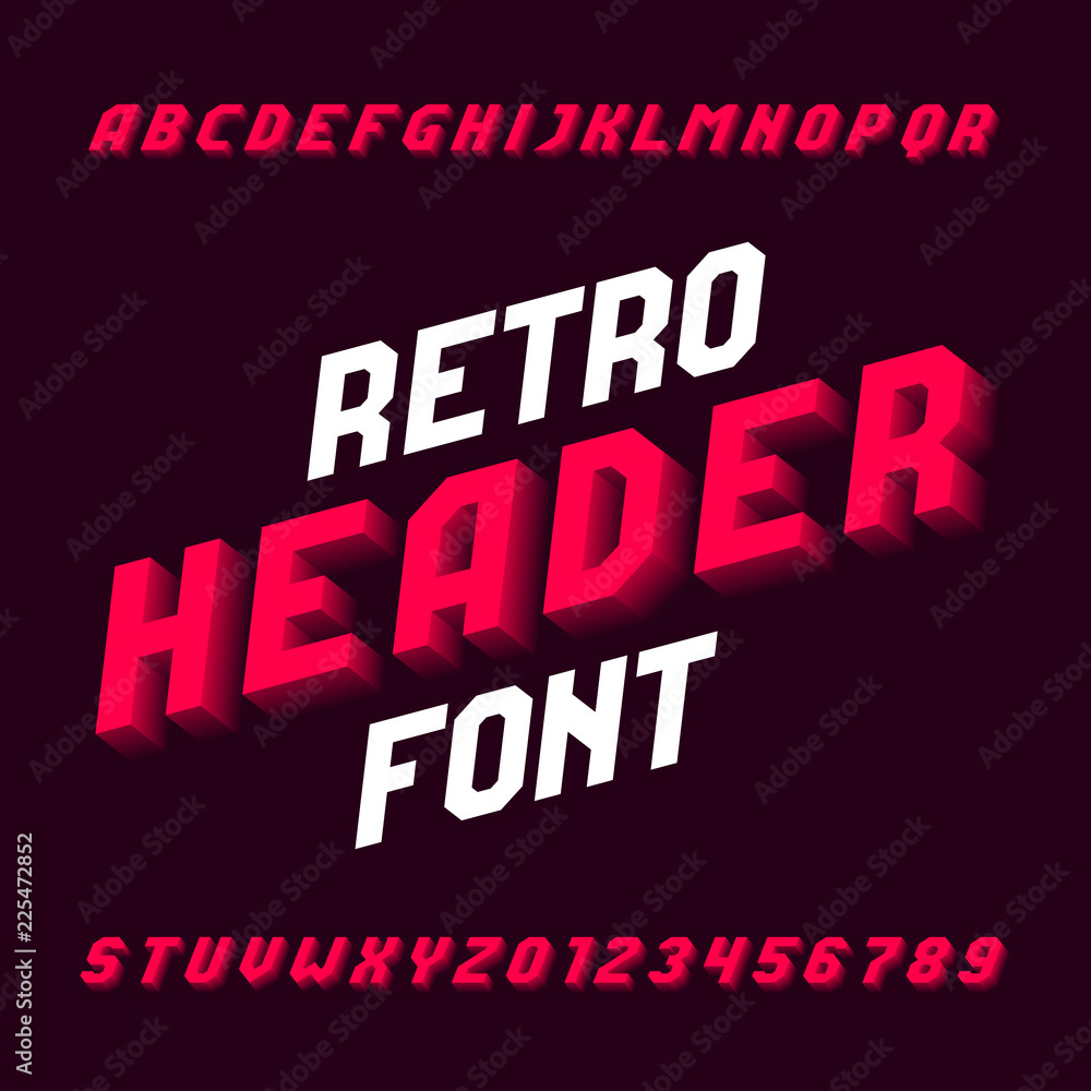 Retro header alphabet font. Three-dimensional effect letters, numbers and symbols with shadow. Stock vector typography for your design.