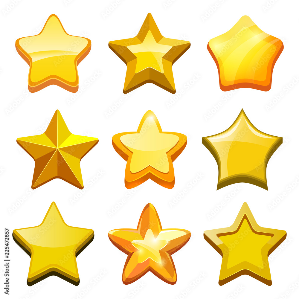 Game cartoon stars. Crystal golden gui buttons icons and status bar vector mobile gaming template. Star gui, game ui, gold interface glossy stars Game cartoon stars. Crystal golden gui buttons icons and status bar vector mobile gaming template. Star gui, game ui, gold interface glossy stars