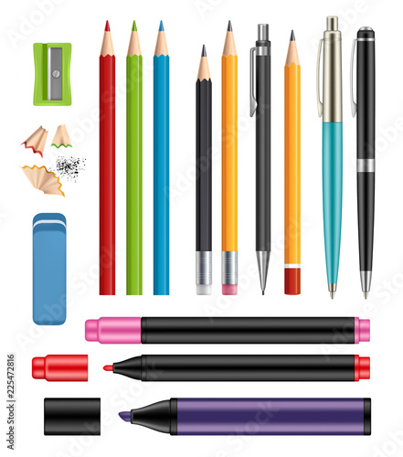 Pen and pencils. Office stationery school colored items of education help vector 3d realistic collection of plastic pen wooden pencils. Illustration of school pencil, stationery pen, marker colored