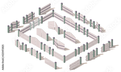 Isometric wood light fence with shadows isolated. Iron gate open and close from middle. Fence with columns. Gates and fences for yard. Flat style. Vector illustration