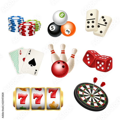 Casino game icons. Playing cards bowling domino darts dice vector realistic illustrations of play tools. Play game casino, dice and bowling