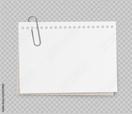Vector realistic white note paper from note pad with paper clip on transparent background.