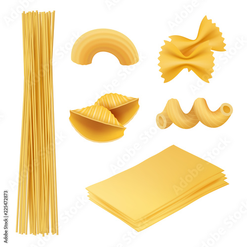 Pasta realistic. Italian food farfalle fusilli macaroni cook ingredients vector pictures of traditional cuisine. Italian cuisine, food macaroni, fusilli and penne illustration