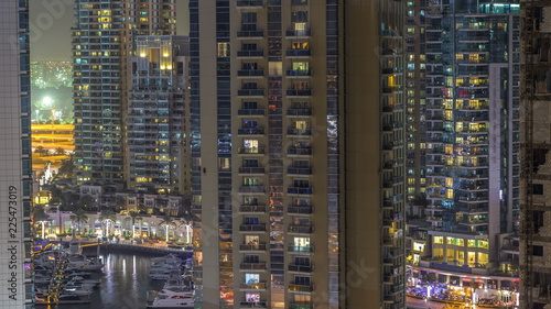 Water canal on Dubai Marina skyline at night timelapse. © neiezhmakov
