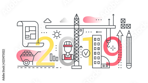 Building construction 2019 word trendy composition concept banner. Outline stroke engineering, architecture, modern urban design, smart city. Flat line icons lettering typography on white background.