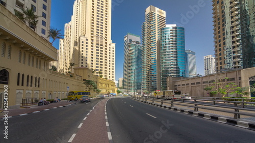 A view of traffic on the street at Jumeirah Beach Residence and Dubai marina timelapse hyperlapse, United Arab Emirates. © neiezhmakov