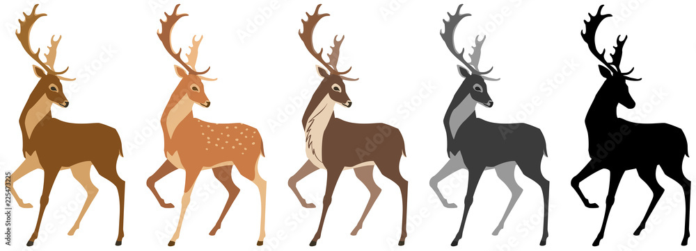 Naklejka premium zestaw jeleni. Jeleń, jeleń cętkowany, renifer, sylwetka czarno-biała. Pojedyncze obiekty, wietrzna ilustracja.