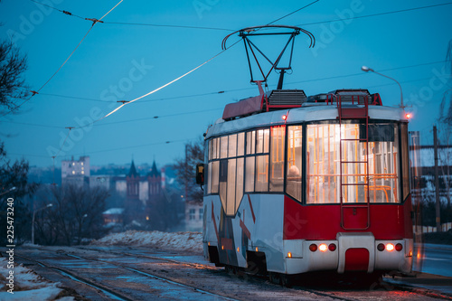 Vitebsk, Belarus. Back View Of Public Old Retro Tram Moving Near