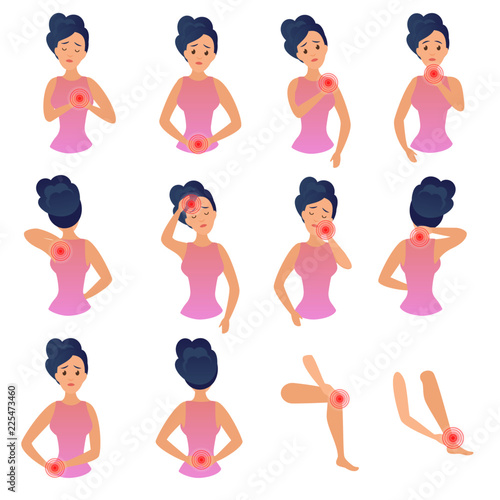 Body parts pain infographic set. Woman feels pain in different parts of body flat vector illustration.