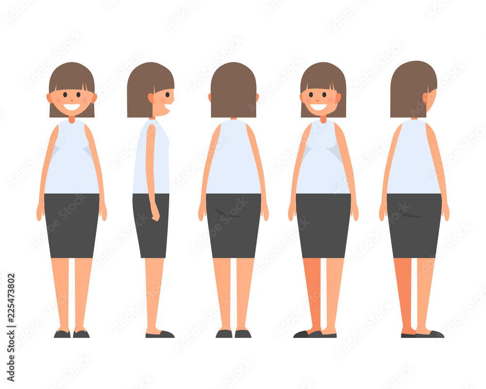 Front, side, back view animated character. Designer character creation set with various views. Cartoon style, flat vector illustration of smiling girls with blonde hair in official clothes. Front, side, back view animated character. Designer character creation set with various views. Cartoon style, flat vector illustration of smiling girls with blonde hair in official clothes.