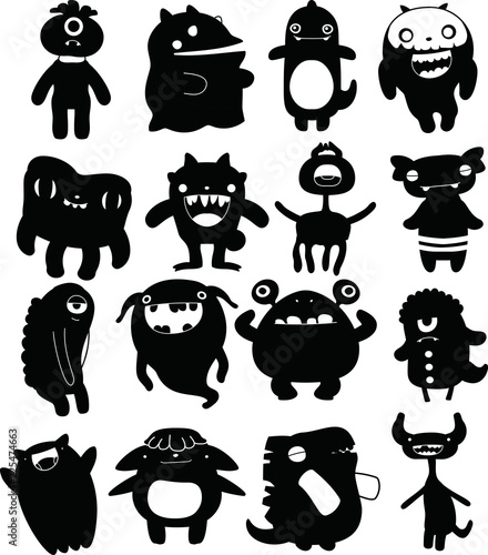 Black cartoon cute monster vector set