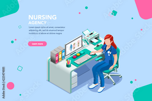 Concept with characters, treatment and exam patient, specialist cartoon. Examination, diagnosis, nurse work, physician at female consult infographic. Scanning person flat isometric vector illustration