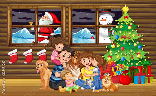 Family Christmas in living room with tree